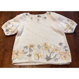 Jennifer Reed SMALL Women's Cream Floral Sweater SHORT SLEEVE Ramie‎ Cotton Boho